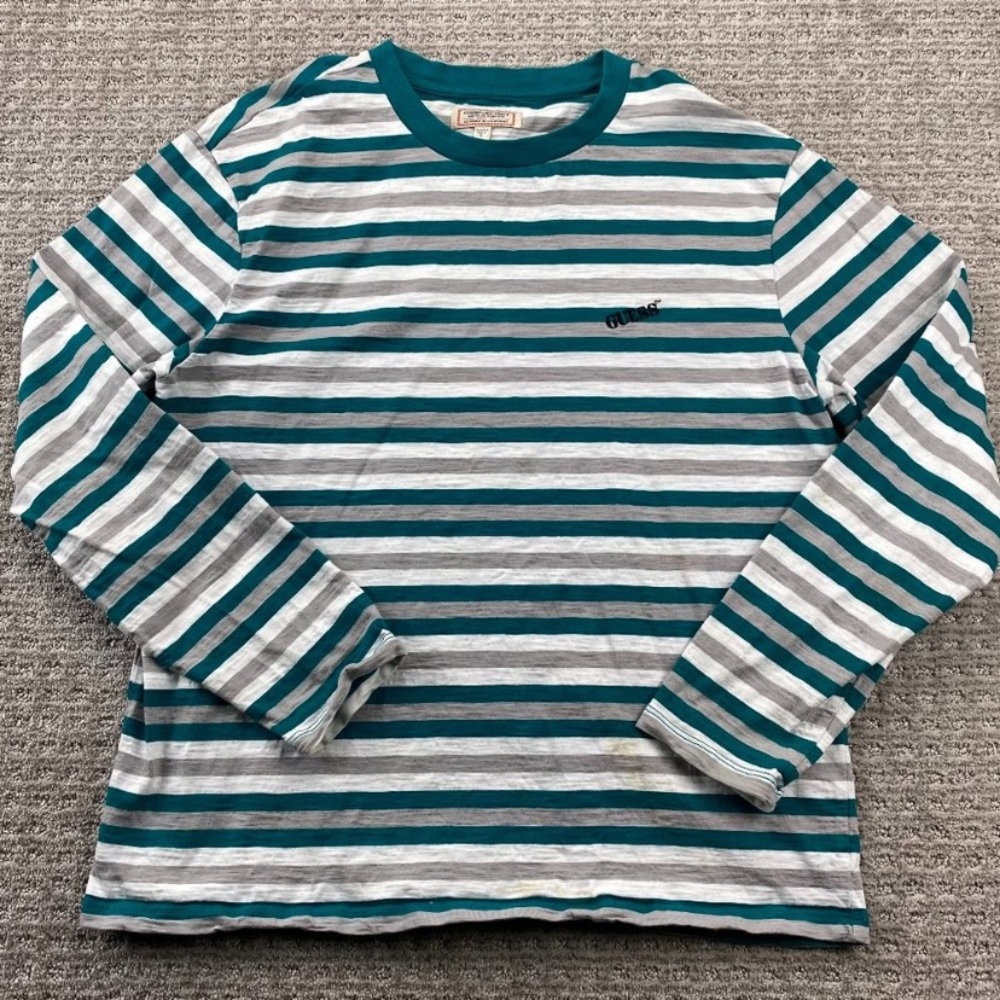 Guess Originals Shirt Men Large L Green White Gray Striped T-Shirt Embroidered